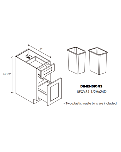 18" Waste Bin Base Cabinet - White Shaker - 18"W x 34.5"H x 24"D