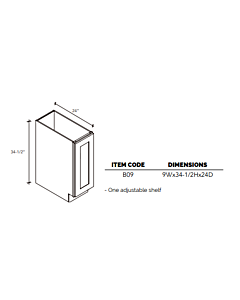 9" Base Cabinet - White Shaker - 9"W x 34.5"H x 24"D