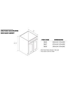 24" Sink Base Cabinet - White Shaker - 24"W x 34.5"H x 24"D