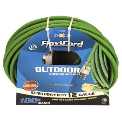 100' Outdoor Extension Cord – SJEOOW 12/3 – Lighted Single Outlet – Green