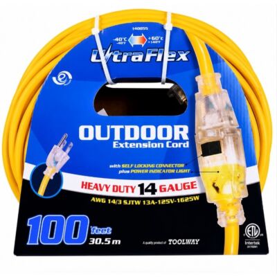 100' Outdoor Extension Cord – SJTW 14/3 – Single Tap – Yellow